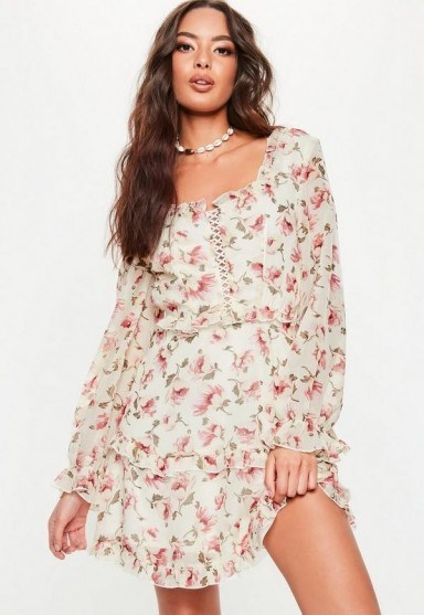 MISSGUIDED cream milkmaid lace up floral tea dress ~ pretty pink flowers - flipped