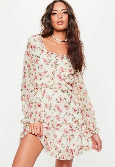 MISSGUIDED cream milkmaid lace up floral tea dress ~ pretty pink flowers