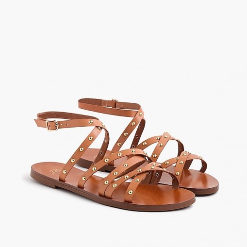 J.Crew Cross-strap flat sandals in studded leather in Natural | strappy stud embellished flats | casual summer shoes