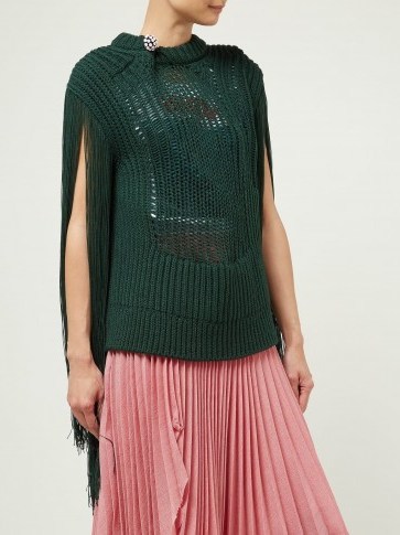 CALVIN KLEIN 205W39NYC Crystal brooch embellished fringe sweater in green - flipped