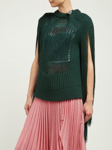 CALVIN KLEIN 205W39NYC Crystal brooch embellished fringe sweater in green