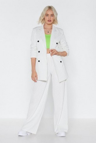 NASTY GAL Cut in Line Longline Pinstripe Blazer – white thin stripe jacket - flipped