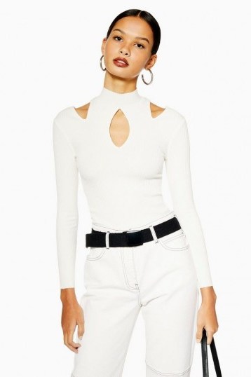 Topshop Cut Out Long Sleeve Top in White | fitted cold shoulder tops - flipped