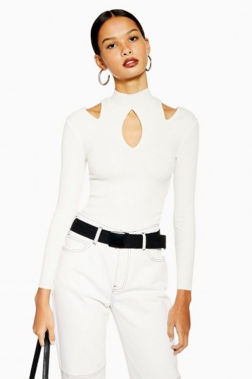 Topshop Cut Out Long Sleeve Top in White | fitted cold shoulder tops