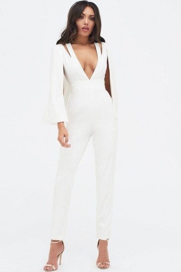 Lavish Alice cut out neck cape jumpsuit in white – plunging necklines - flipped