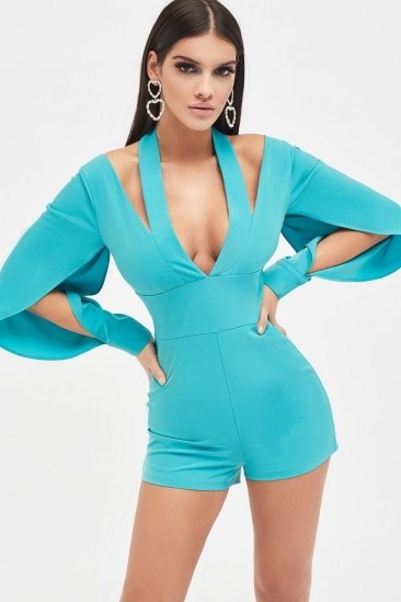 Lavish Alice cut out neck origami folded sleeve playsuit in turquoise - flipped