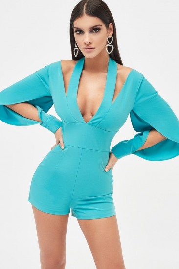 Lavish Alice cut out neck origami folded sleeve playsuit in turquoise