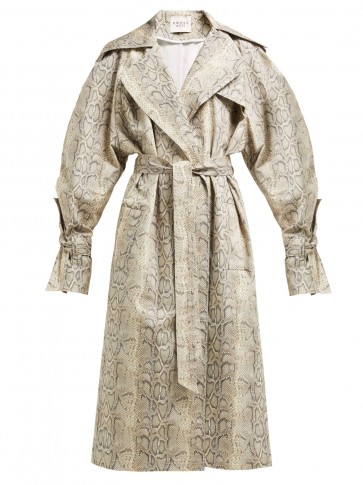 A.W.A.K.E. MODE Dana python-print cotton-blend trench coat in beige / reptile prints / luxury belted coats