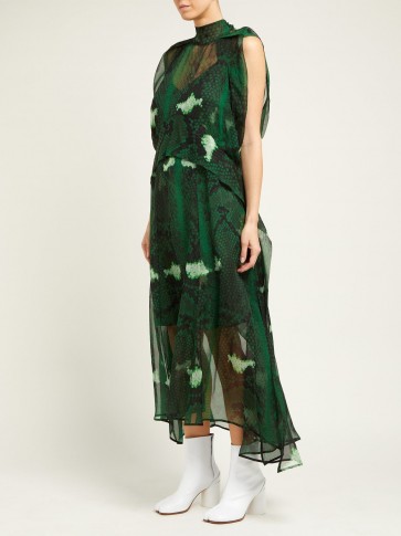 PETAR PETROV Delway green snake-print silk midi dress ~ semi-sheer dresses