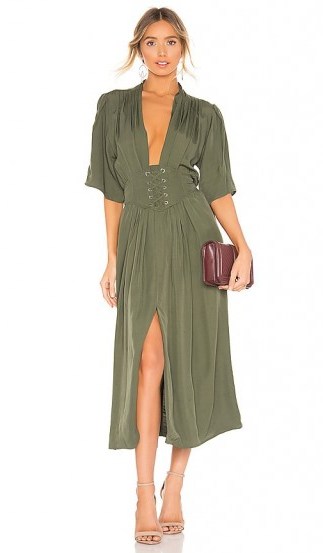 Divine Heritage Laced Up Midi Dress in Olive Branch | green plunge front dresses | lace-up detail | front split - flipped