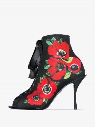 Dolce & Gabbana Black 90 Floral Print Lace-Up Stretch Jersey Boots / peep-toe booties - flipped