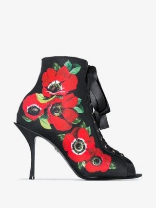 Dolce & Gabbana Black 90 Floral Print Lace-Up Stretch Jersey Boots / peep-toe booties