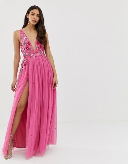 Dolly & Delicious 3D applique embellished plunge front maxi dress with thigh split in pink – long floral occasion dresses - flipped