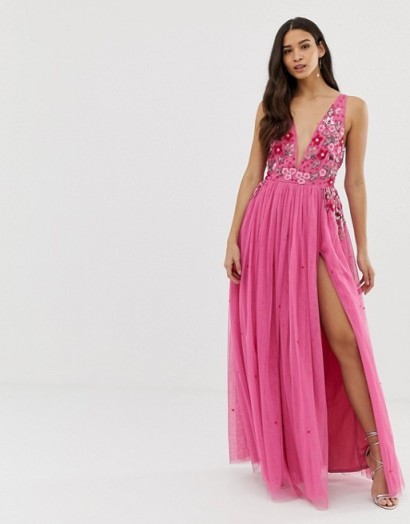 Dolly & Delicious 3D applique embellished plunge front maxi dress with thigh split in pink – long floral occasion dresses