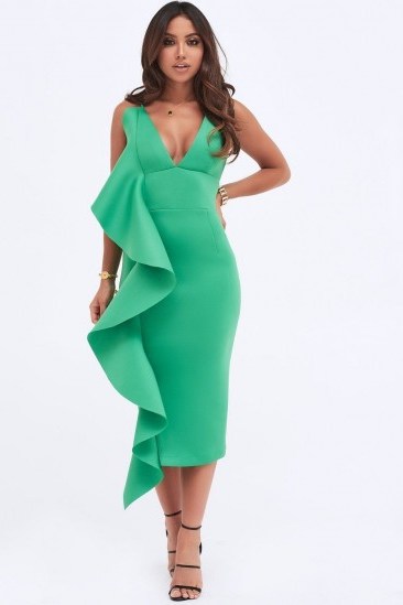 LAVISH ALICE draped frill midi scuba dress in emerald green | plunge front bodycon - flipped