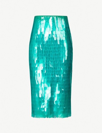 DRIES VAN NOTEN High-waist sequinned skirt in green ~ fringed plastic pencil skirts - flipped