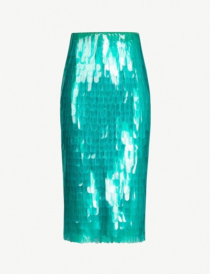 DRIES VAN NOTEN High-waist sequinned skirt in green ~ fringed plastic pencil skirts