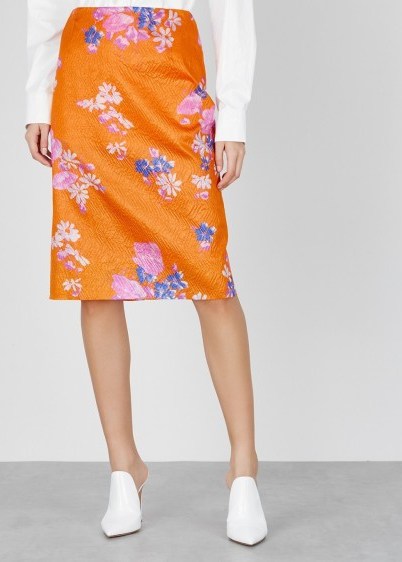DRIES VAN NOTEN Sal orange silk-blend skirt ~ floral pencil skirts - flipped