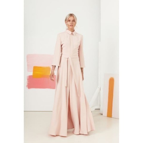 Elision Pastel Pink Maxi Shirt Dress by UNDRESS | Wolf & Badger | Maxi length circle skirt | Ribbed collars and cuffs - flipped