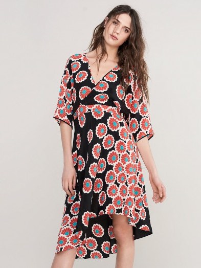 Diane von Furstenberg Eloise Silk High-Low Midi Dress Kimono Blossom Black ~ oriental inspired - flipped