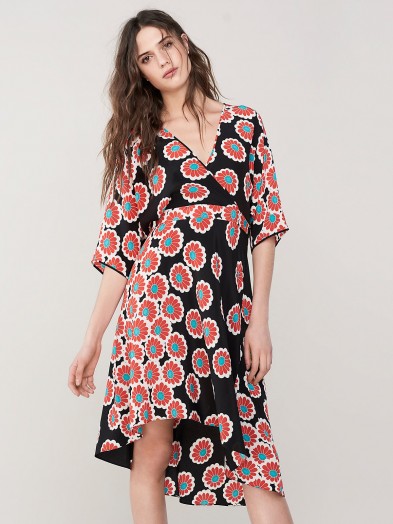 Diane von Furstenberg Eloise Silk High-Low Midi Dress Kimono Blossom Black ~ oriental inspired
