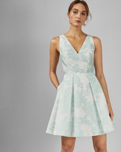 TED BAKER LEIANNA Embroidered full skirt mini dress in mint / green floral fit and flare - flipped