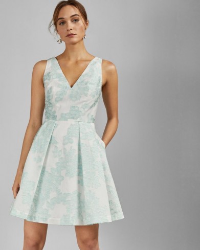 TED BAKER LEIANNA Embroidered full skirt mini dress in mint / green floral fit and flare