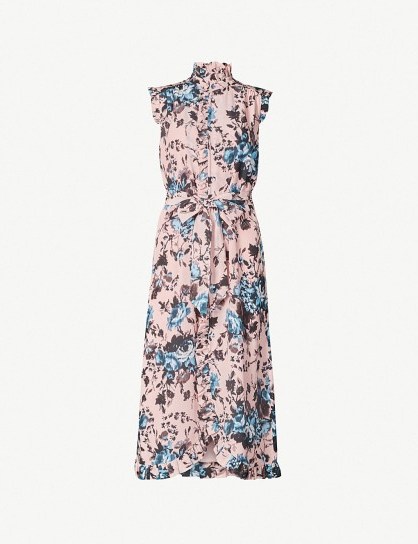 ERDEM Selba floral-print silk-crepe midi dress in pink / turquoise ~ high neck ruffle trimmed dresses - flipped