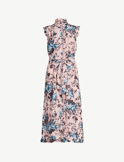 ERDEM Selba floral-print silk-crepe midi dress in pink / turquoise ~ high neck ruffle trimmed dresses