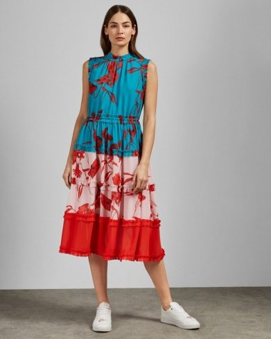 TED BAKER CAMELIS Fantasia tiered midi dress in turquoise / frill trimmed dresses - flipped