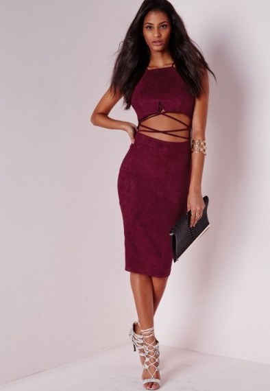 Missguided faux suede cross front midi dress in burgundy. Going out dresses / evening wear / party glamour / cut out style - flipped