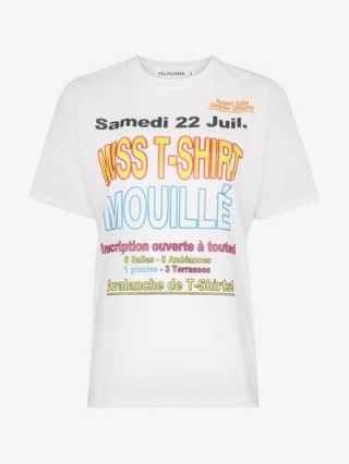 Filles A Papa Slogan Print Crew Neck T-Shirt in White / multicoloured slogans in French