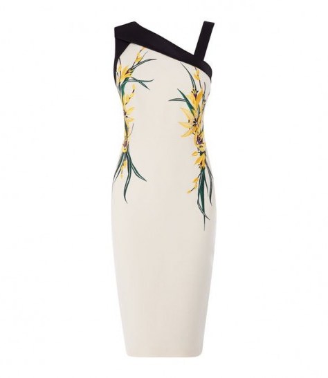 KAREN MILLEN Floral Bodycon Dress in Cream / Multi ~ asymmetric necklines - flipped