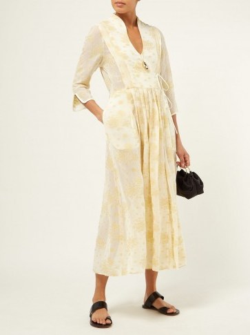 MAME KUROGOUCHI Floral fil-coupé chiffon wrap dress in yellow | oriental inspired fashion - flipped