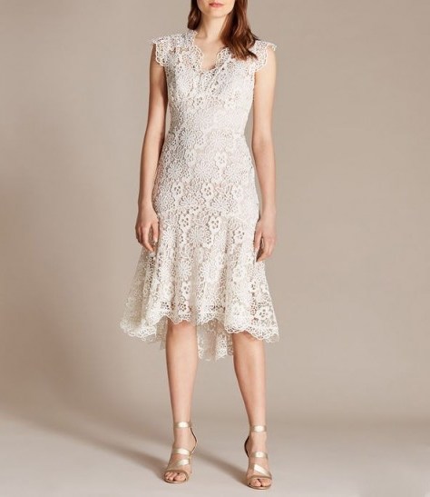 KAREN MILLEN Floral Lace Dress in Neutral ~ feminine fit and flare - flipped