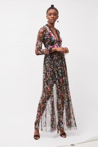 FRENCH CONNECTION FLORI EMBROIDERED FLORAL MAXI DRESS Black Multi / semi sheer special occasion dresses - flipped
