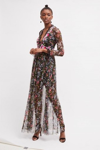 FRENCH CONNECTION FLORI EMBROIDERED FLORAL MAXI DRESS Black Multi / semi sheer special occasion dresses
