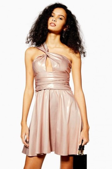 TOPSHOP Foil Twist Shoulder Mini Dress in Champagne / high shine party fashion - flipped