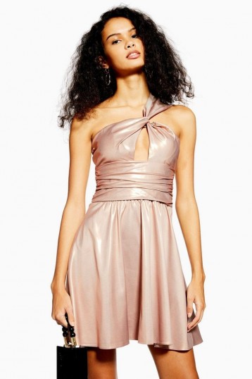 TOPSHOP Foil Twist Shoulder Mini Dress in Champagne / high shine party fashion