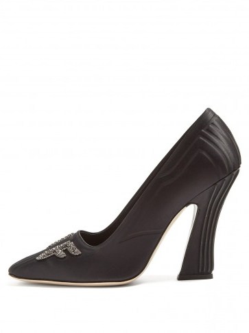 FENDI Freedom crystal-logo square-toe satin pumps in black ~ sculptural court shoes - flipped