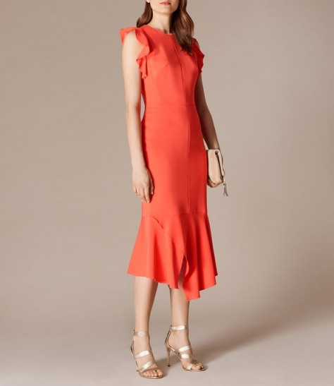 KAREN MILLEN Frilly Fitted Pencil Dress Coral / frill trimmed occasion dresses / summer occasions