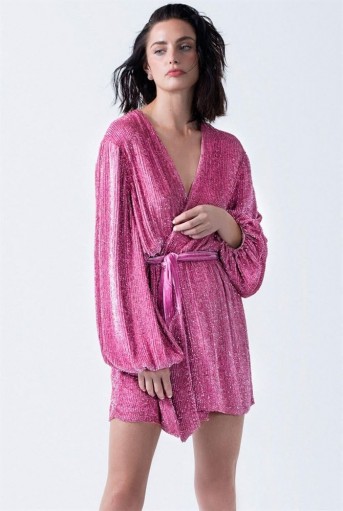 Lucy Hale pink wrap dress worn on the Katy Keene Set, retrofete Gabrielle Robe Dress, 26 March 2019 | celebrity fashion