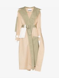 Ganni Hazel Deconstructed Cotton Trench Coat in beige and green ~ modern spring outerwear