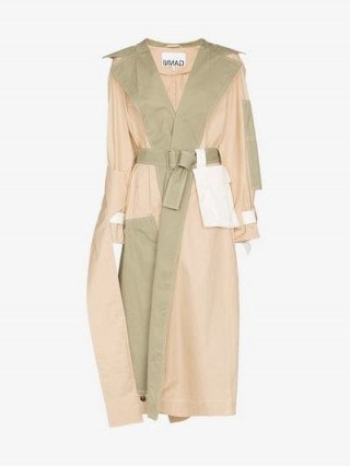 Ganni Hazel Deconstructed Cotton Trench Coat in beige and green ~ contemporary outerwear - flipped