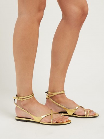 SAINT LAURENT Gia gold leather sandals ~ strappy summer vacation flats