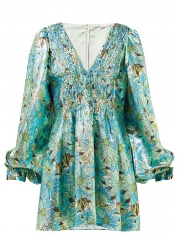 STELLA MCCARTNEY Gianna green and blue floral-print lamé dress ~ metallic eveningwear - flipped