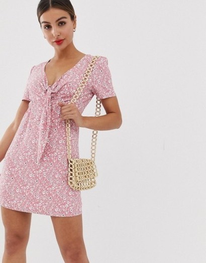 Glamorous mini dress with tie front in ditsy pink floral - flipped