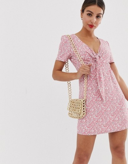 Glamorous mini dress with tie front in ditsy pink floral