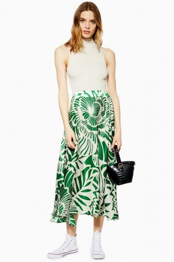 Topshop Graphic Print Full Circle Midi Skirt in Green | bold leaf design - flipped