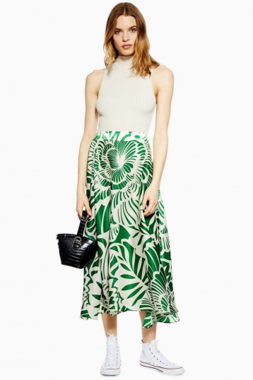 Topshop Graphic Print Full Circle Midi Skirt in Green | bold leaf design